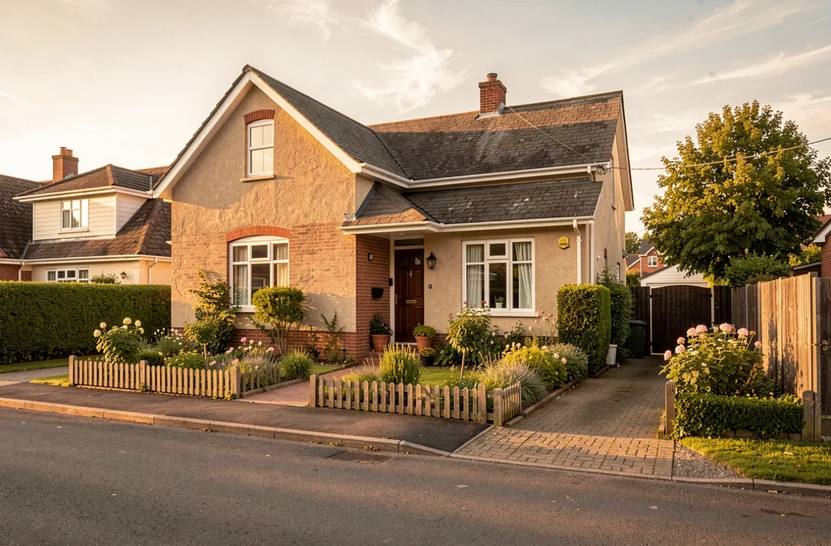 Maison familiale avec jardin au lever du jour