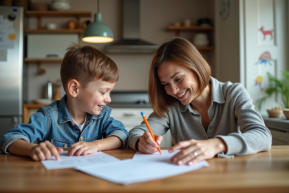 Femme aidant son enfant avec ses devoirs à la maison