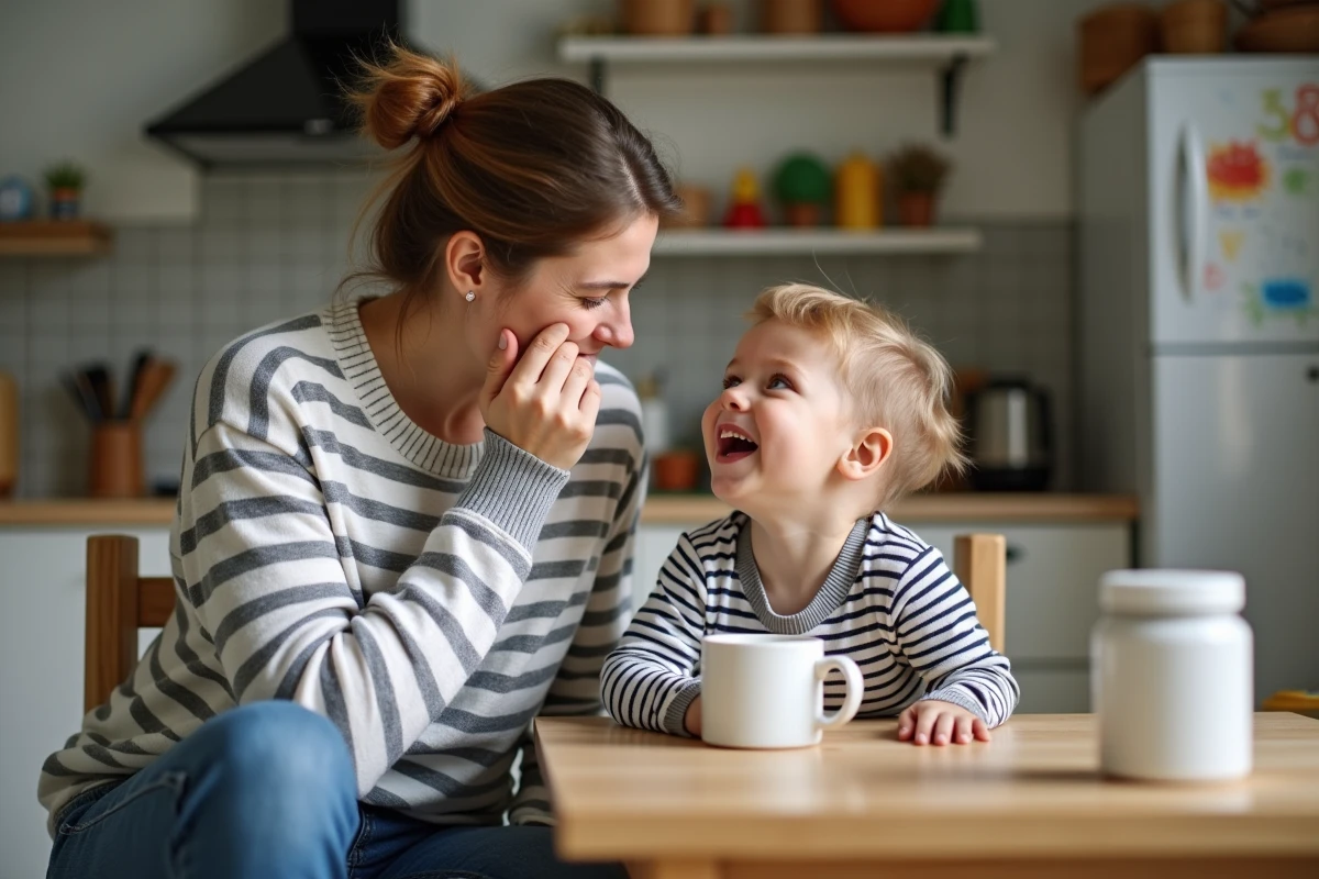 Maman fatiguée avec son enfant dans la cuisine familiale