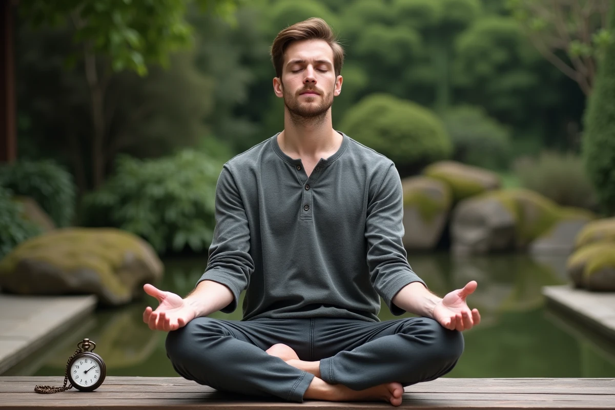 Homme en méditation dans un jardin zen avec une montre de poche affichant 15h55, évoquant le message des anges