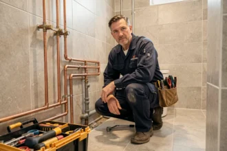 Plombier professionnel au travail dans une salle de bain à Troyes, représentant les meilleurs plombiers de la ville