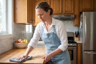 Femme de ménage professionnelle nettoyant un plan de travail en bois dans une cuisine moderne et bien entretenue
