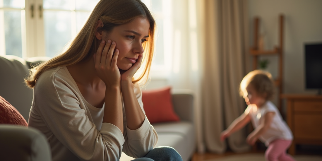 Mère seule fatiguée dans le salon lumineux