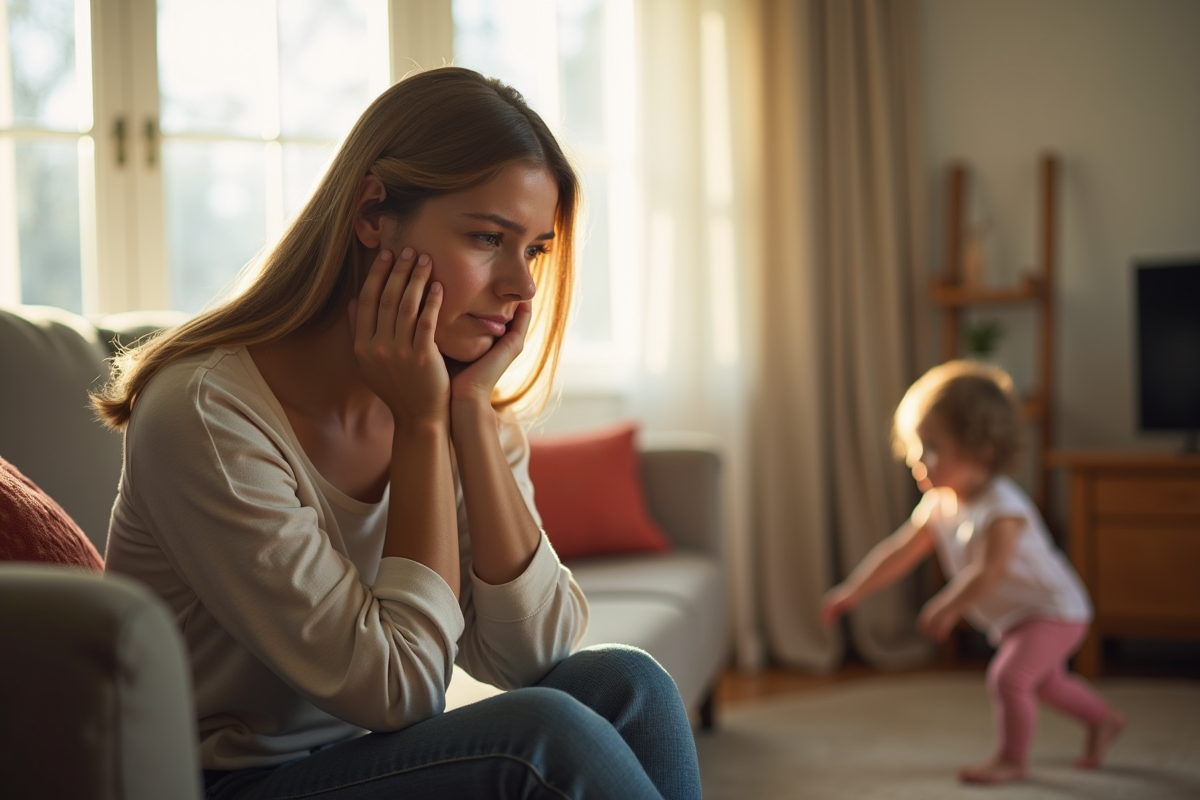 Mère seule fatiguée dans le salon lumineux