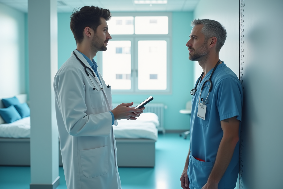 Homme mesuré pour la taille par une infirmière dans une clinique