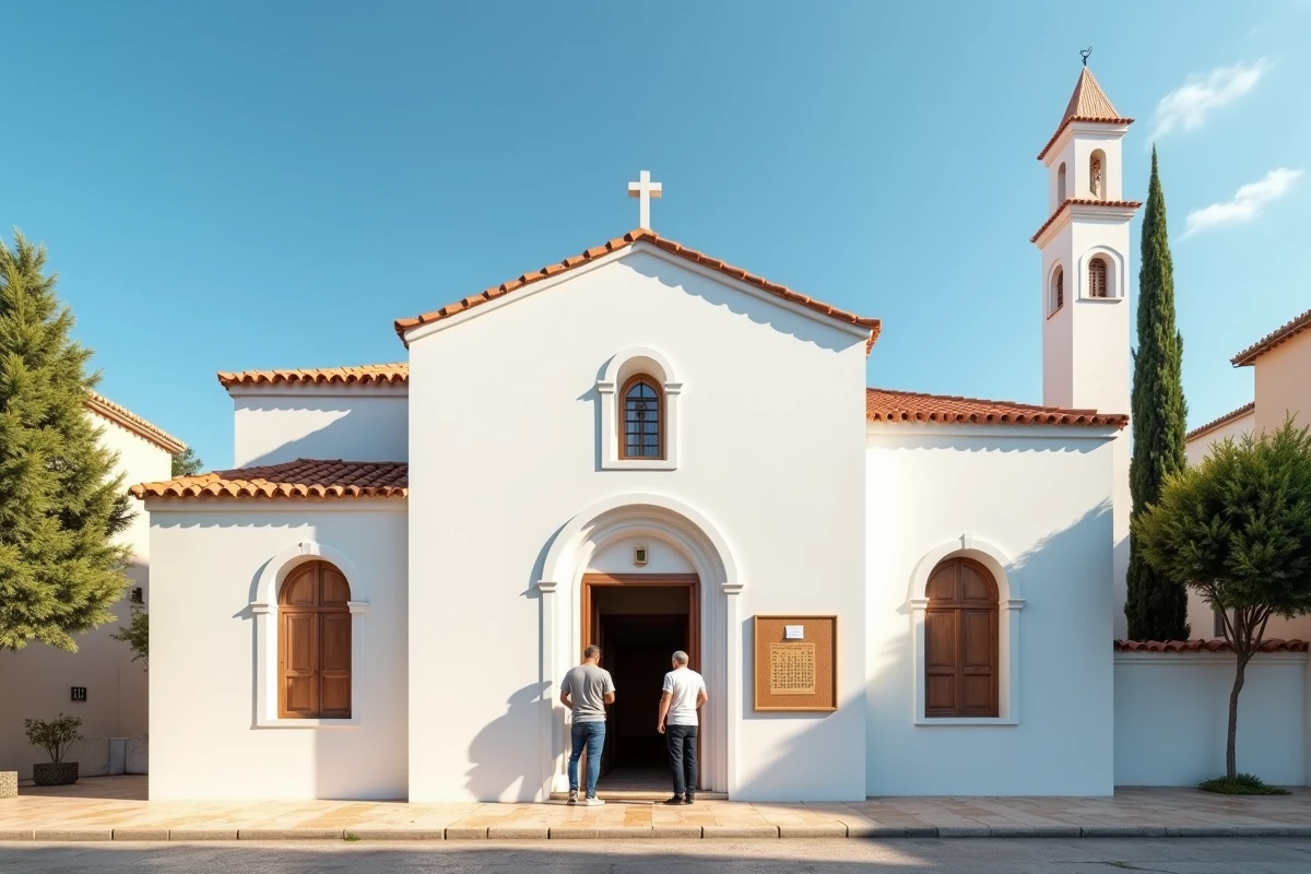 Façade d'une mosquée méditerranéenne à Narbonne avec un tableau des heures de prières 2026 affiché à l'entrée, deux fidèles le consultent