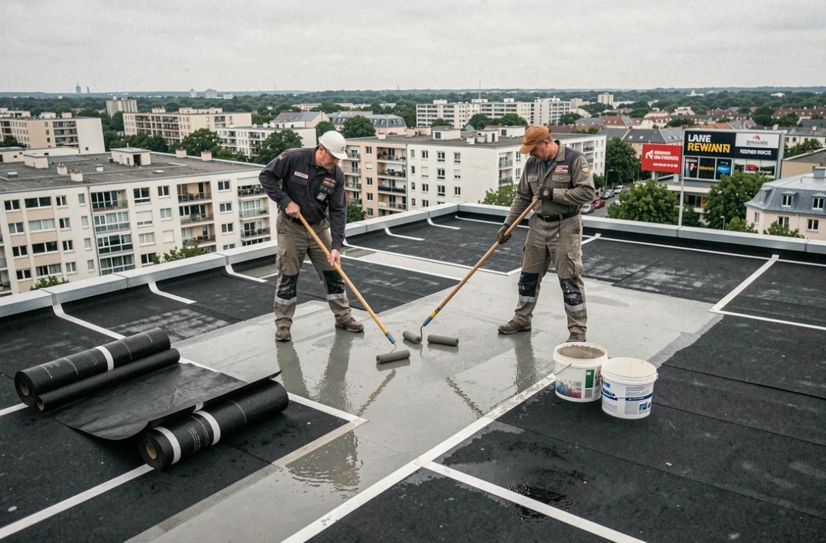 Équipe de Mta Renovation appliquant une membrane d'étanchéité sur une toiture terrasse en Île-de-France