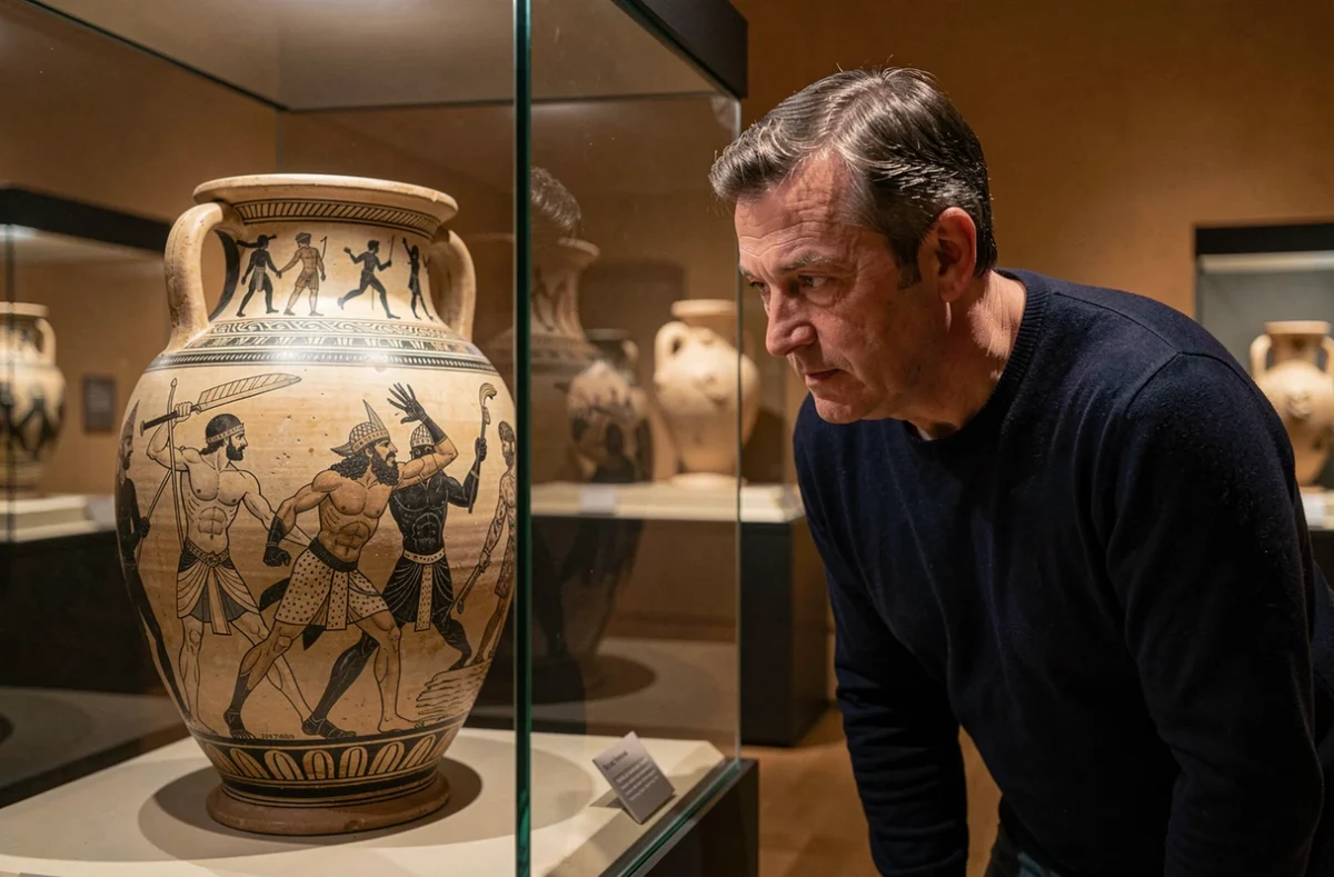 Visiteur de musée examinant une amphore grecque antique illustrant le mythe de Thésée et du Minotaure