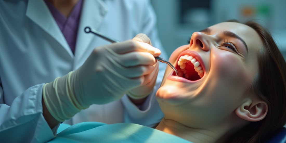 Dentiste effectuant un nettoyage dentaire en cabinet lumineux