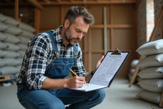 Ouvrier en salopette prend des mesures dans un atelier en rénovation
