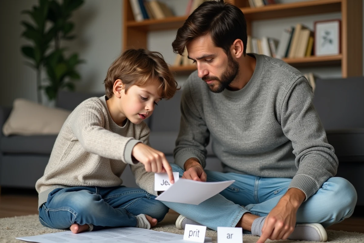 Père et fils en train de faire des exercices de français