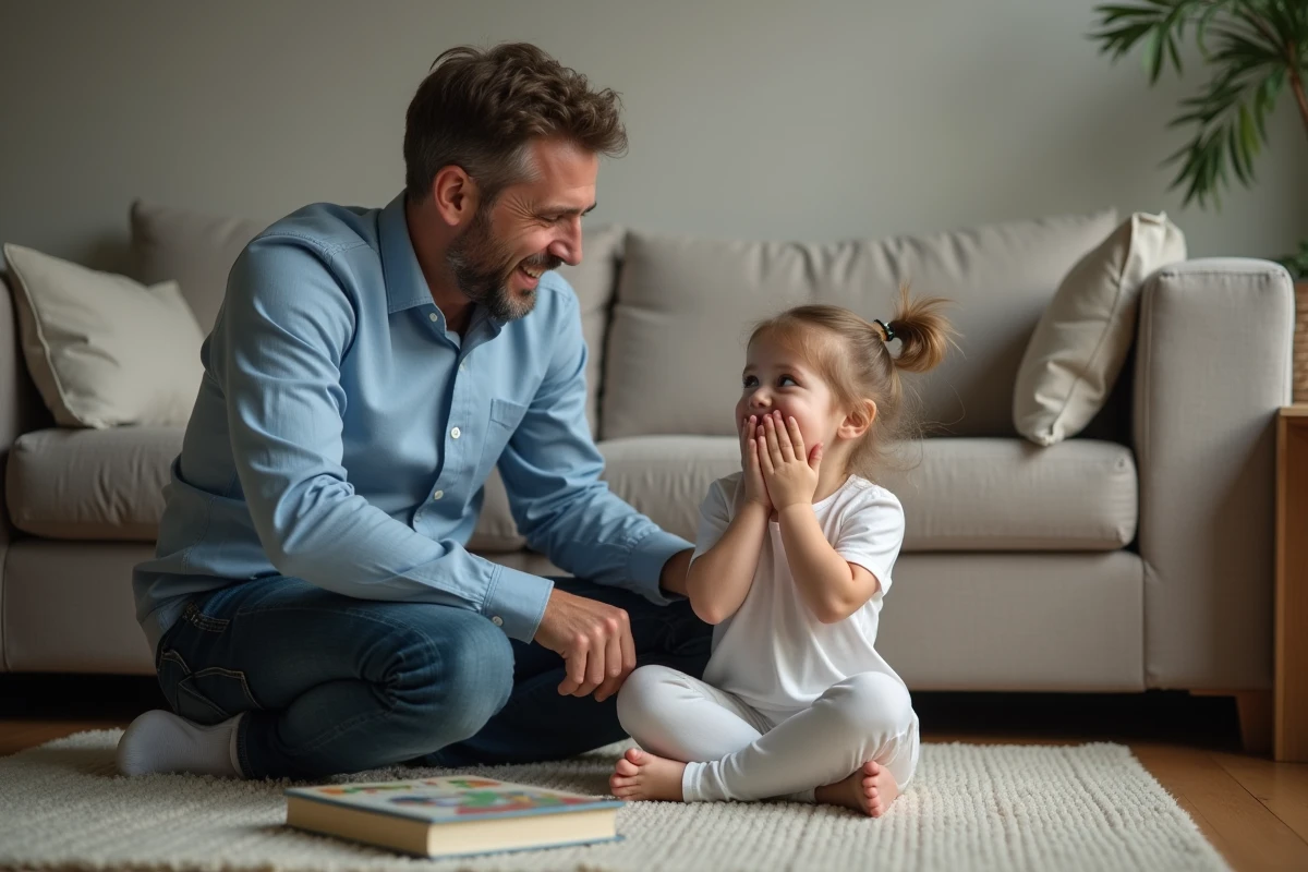 Père et fille rient dans le salon chaleureux
