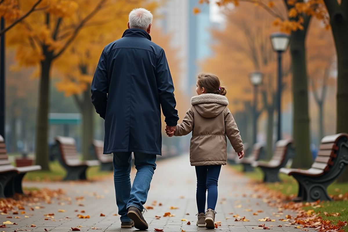 Père seul marchant avec sa fille dans un parc en automne