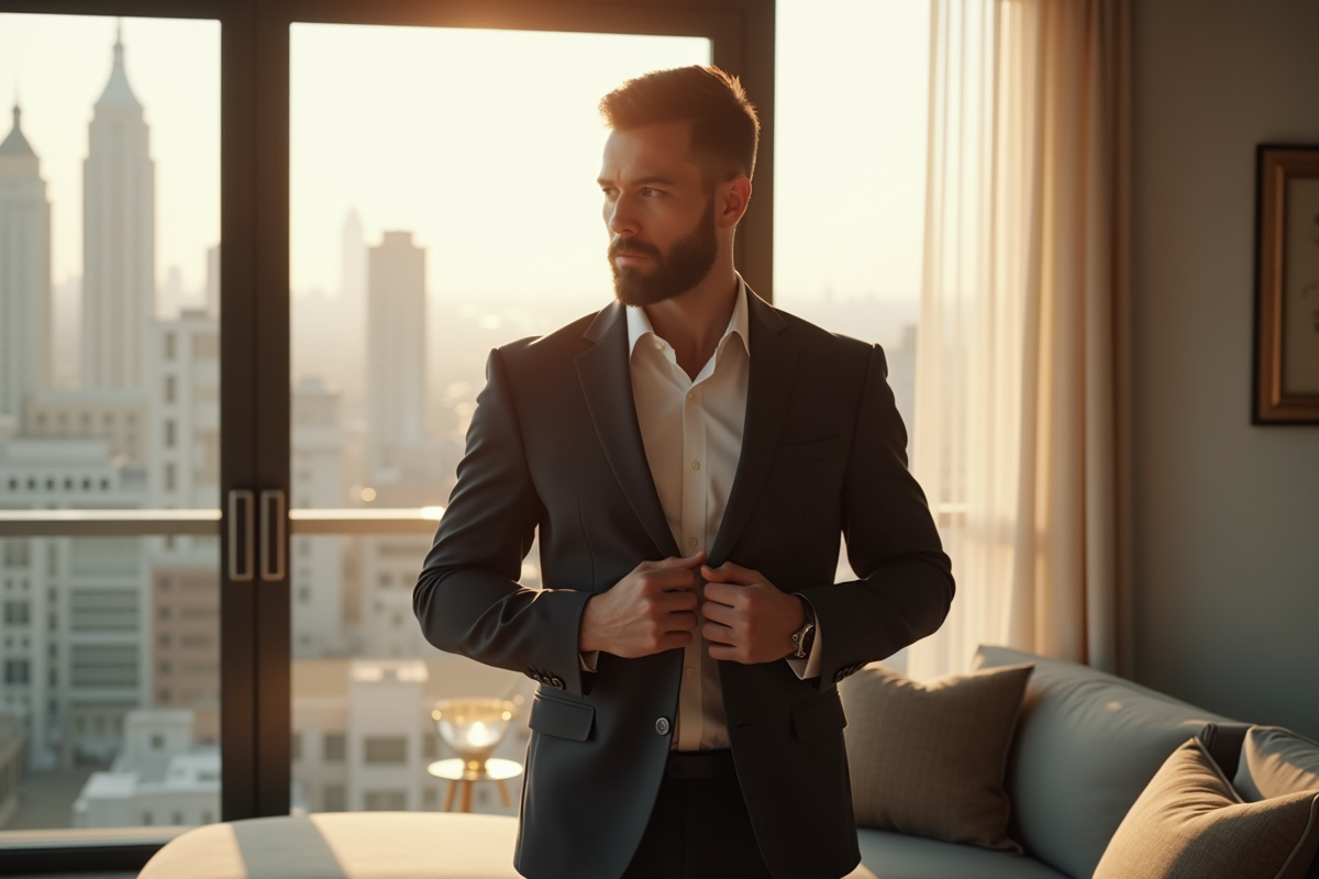 Personne bien habille ajustant son blazer dans un appartement lumineux