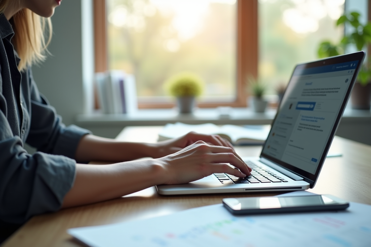 Personne travaillant sur un bureau lumineux avec un ordinateur portable