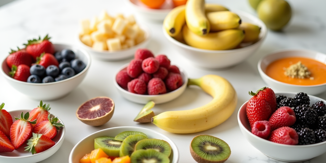 Table de petit déjeuner avec bols de fruits colorés