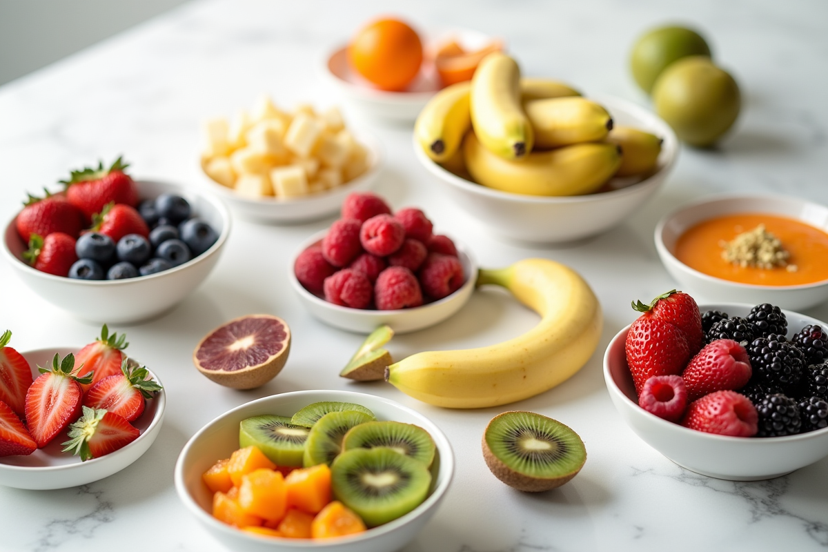 Table de petit déjeuner avec bols de fruits colorés