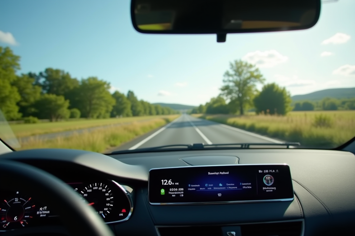 Peugeot 308 hybride roulant en campagne avec tableau de bord économique