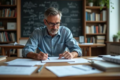 Physicien homme en bureau avec équations et livres