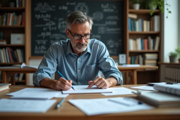 Physicien homme en bureau avec équations et livres