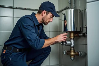 Plombier inspectant une pompe à eau dans une pièce moderne