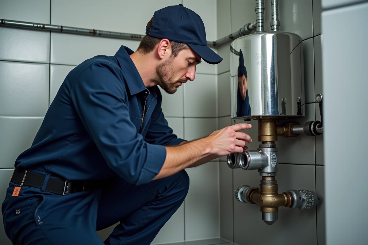 Plombier inspectant une pompe à eau dans une pièce moderne