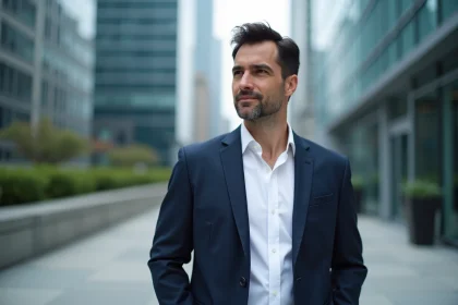 Portrait éditorial d'un homme élégant en blazer marine devant un décor urbain moderne, illustrant un article de vérification sur David Doukhan