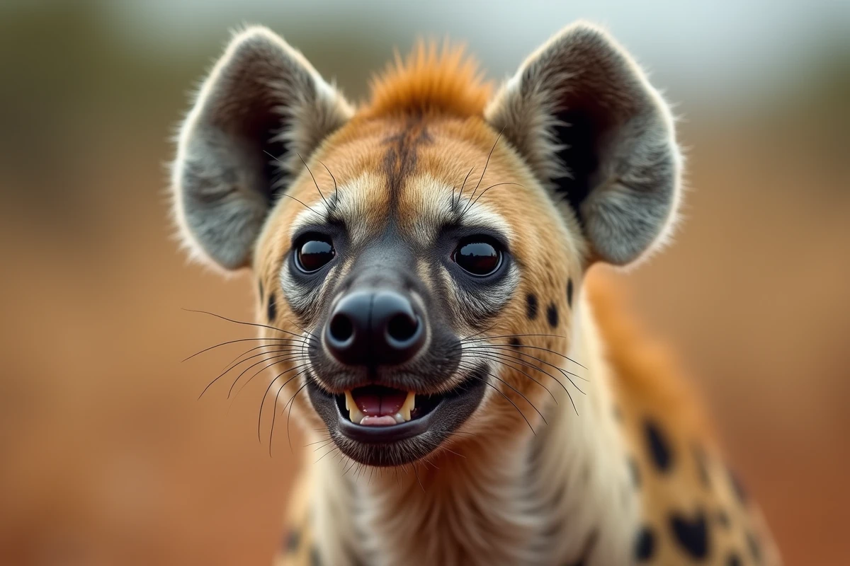 Portrait rapproché d'une hyène tachetée avec expression ahurie et bouche ouverte, profondeur de champ réduite, style photojournalisme animalier