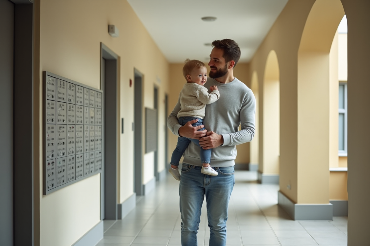 Père avec son enfant dans un couloir de logement social moderne