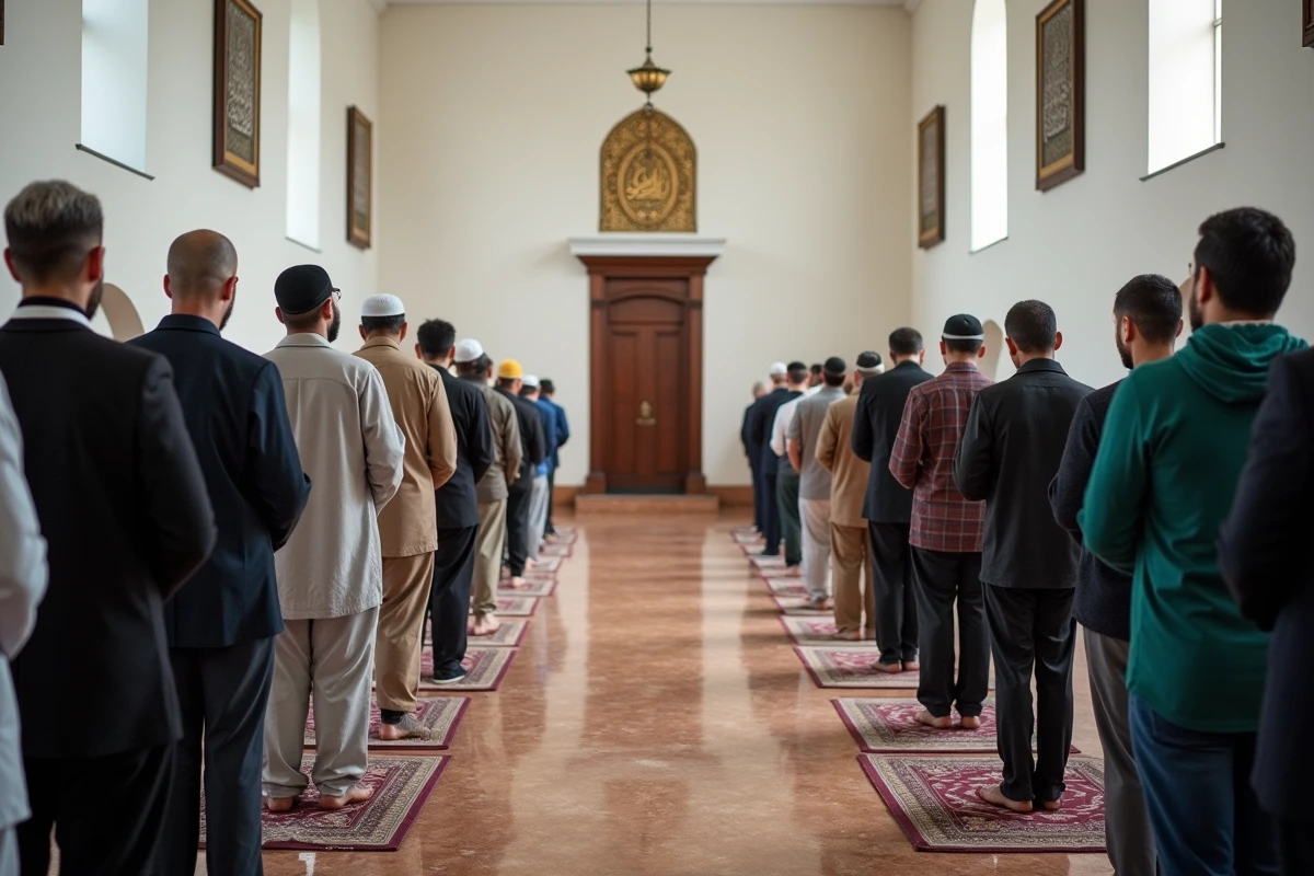 Rangées de fidèles en prière collective dans une mosquée de Grenoble pendant le mois de ramadan