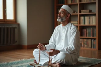 Homme en tenue traditionnelle tenant un chapelet, priant sur un tapis de prière à domicile pendant le ramadan à Grenoble