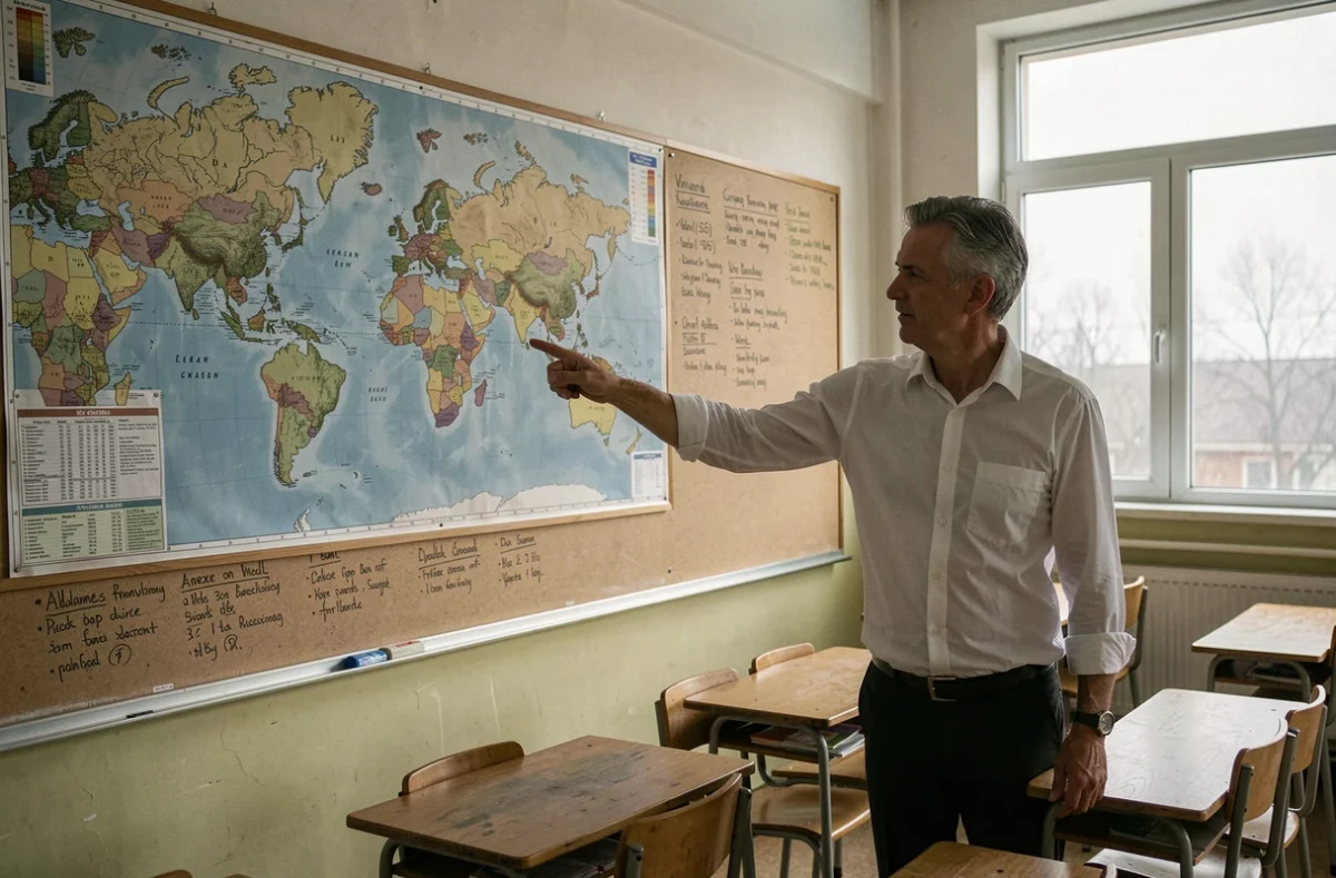 Professeur montrant la Russie sur une carte politique du monde accrochée dans une salle de classe, illustrant le pays le plus grand du monde