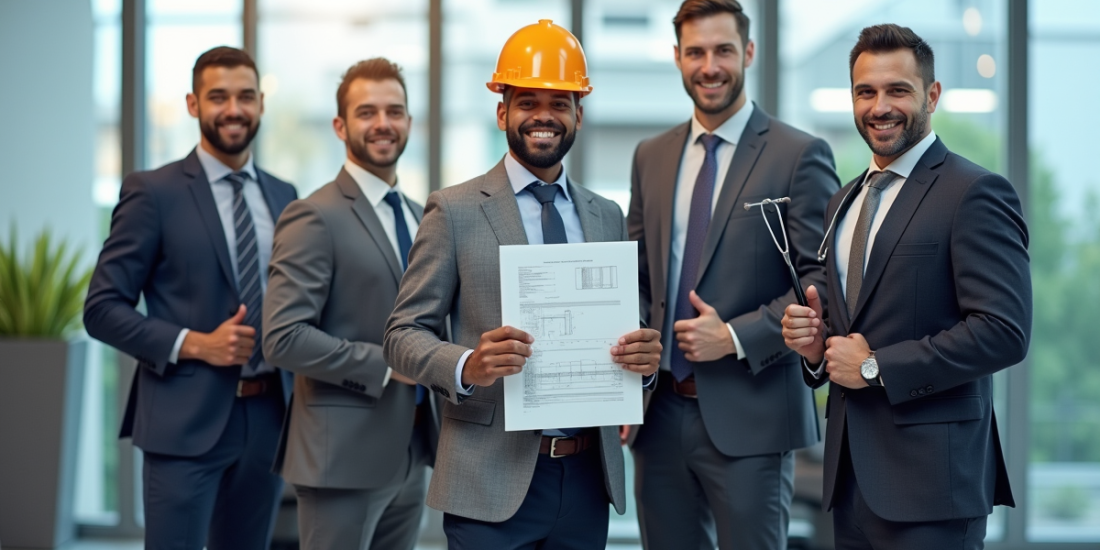 Groupe de professionnels dans un bureau lumineux avec outils de métiers commençant par O