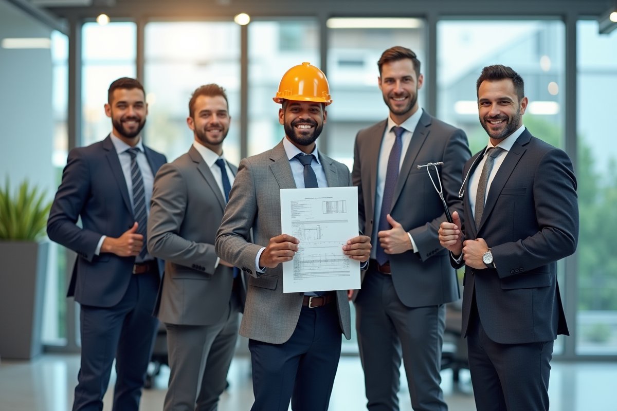 Groupe de professionnels dans un bureau lumineux avec outils de métiers commençant par O