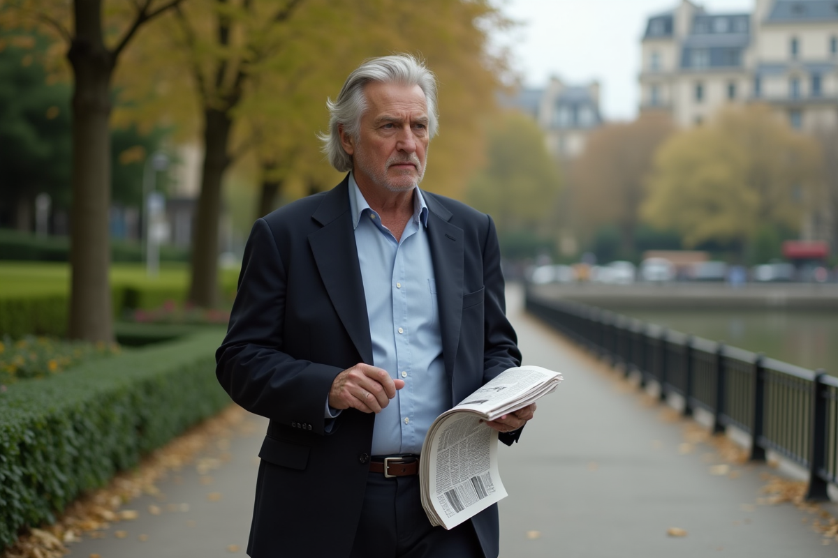 Homme français âgé marche dans un parc parisien calme