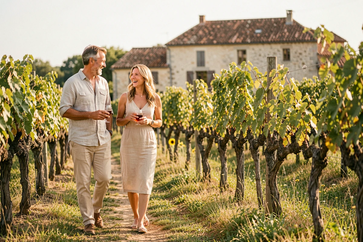 Couple se promenant dans un vignoble gascon près d'Eauze, dégustant de l'Armagnac au milieu des rangées de vignes sous le ciel du Gers