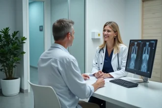 Radiologue discutant des résultats d'imagerie médicale avec une patiente dans un centre de santé moderne
