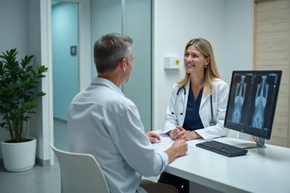 Radiologue discutant des résultats d'imagerie médicale avec une patiente dans un centre de santé moderne