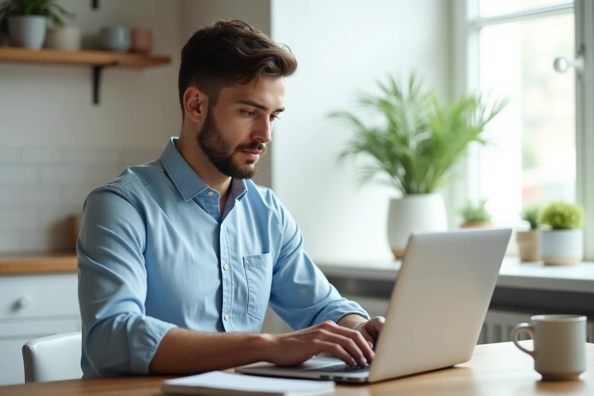 Jeune homme rédigeant une lettre administrative formelle par email depuis son domicile avec formule de politesse visible
