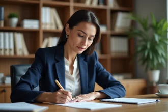 Femme professionnelle rédigeant une lettre administrative formelle à son bureau avec formules de politesse adaptées