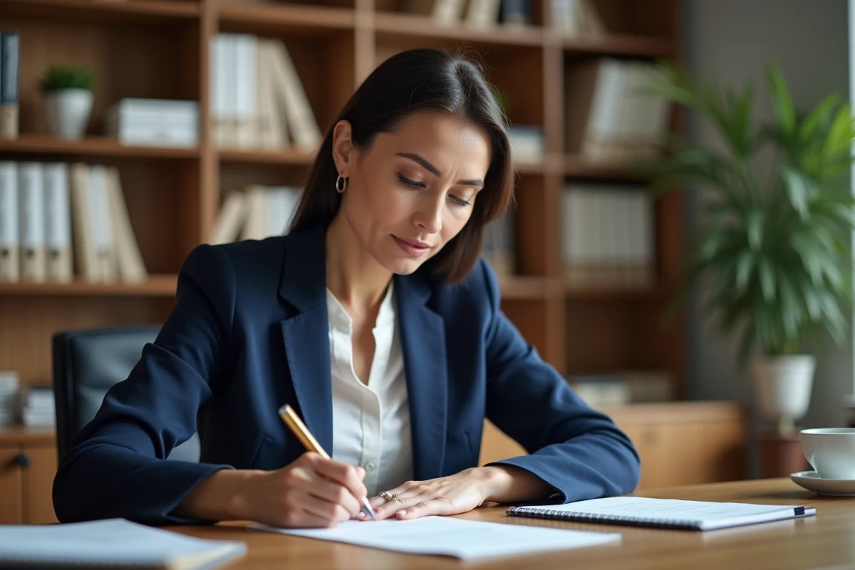 Femme professionnelle rédigeant une lettre administrative formelle à son bureau avec formules de politesse adaptées