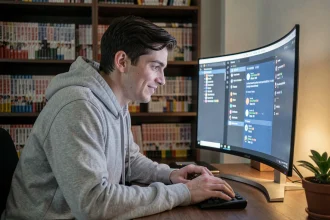 Jeune homme parcourant un serveur Discord dédié aux scans manga sur son ordinateur de bureau à domicile