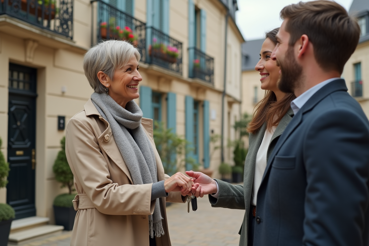 Agent immobilier remettant des clés à un couple devant une maison française