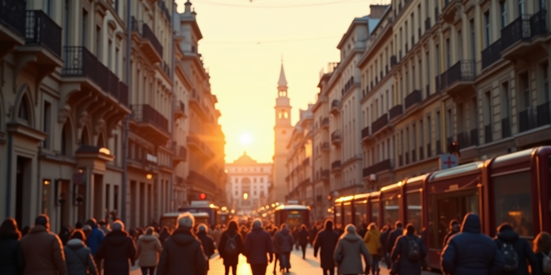Scène de rue animée dans une capitale européenne en fin d'après-midi