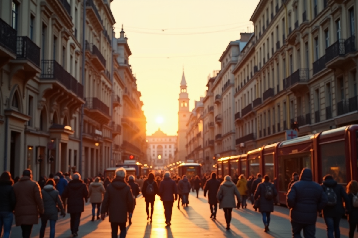 Scène de rue animée dans une capitale européenne en fin d'après-midi