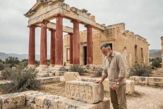 Ruines du palais de Knossos en Crète avec colonnes rouges restaurées et archéologue examinant les pierres antiques