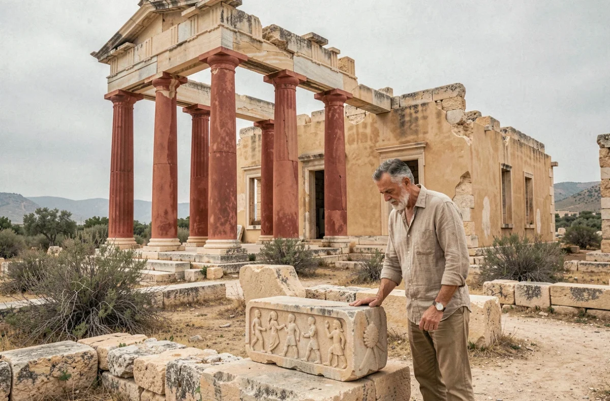 Ruines du palais de Knossos en Crète avec colonnes rouges restaurées et archéologue examinant les pierres antiques