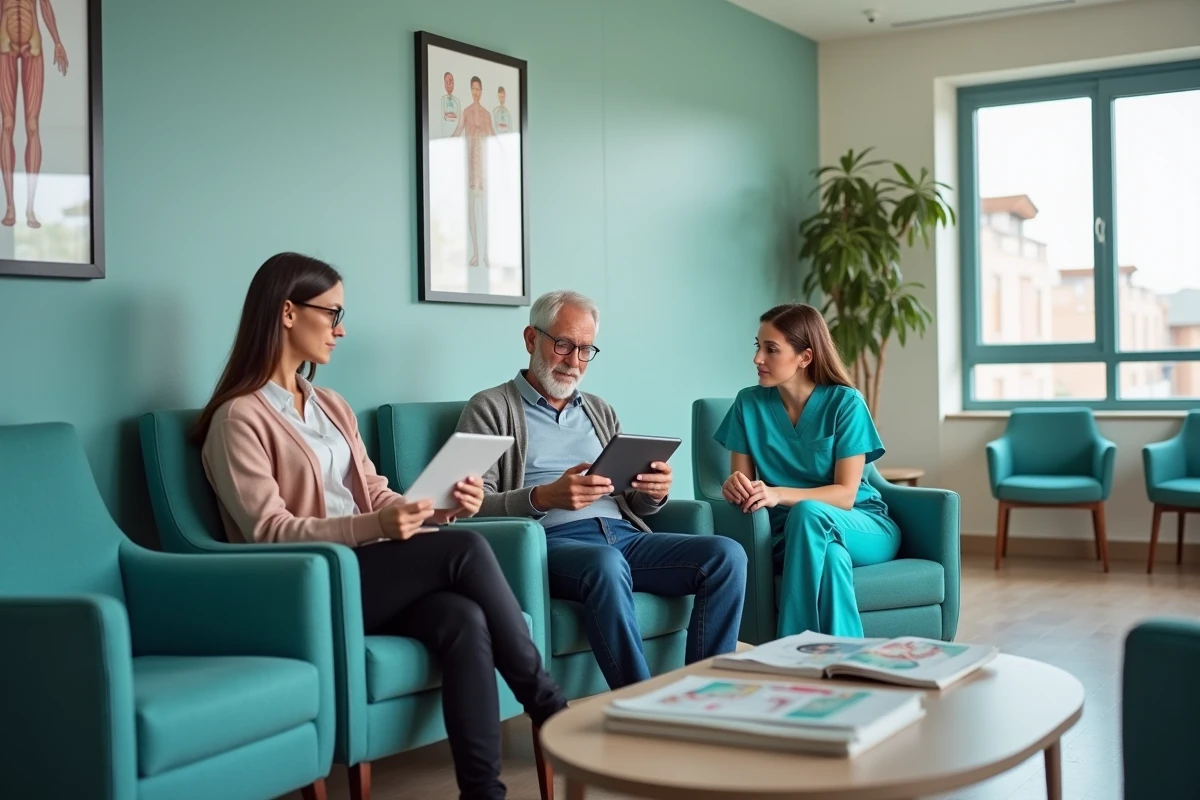 Salle d'attente conviviale d'un centre d'imagerie médicale avec des patients de différents âges