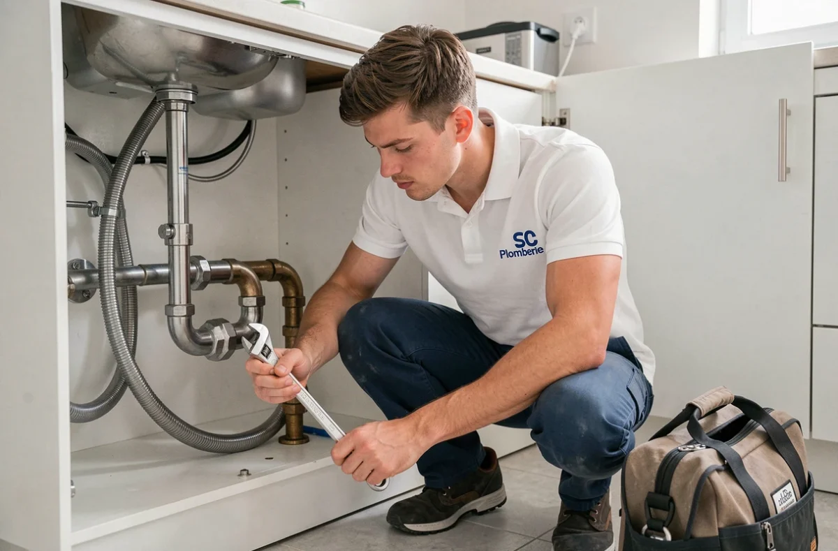 Plombier de SC Plomberie travaillant sous un évier dans une cuisine moderne à Troyes