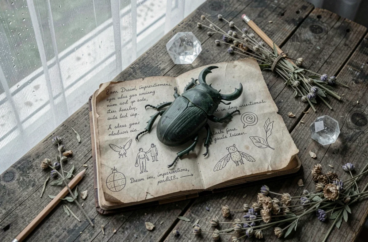 Scarabée sculpté en pierre posé sur un carnet de rêves ouvert entouré d'herbes séchées et cristaux